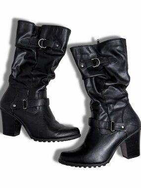 Black Leather Mid-Calf Heeled Slouchy Boots w/ Buckle Details (Women’s 7)